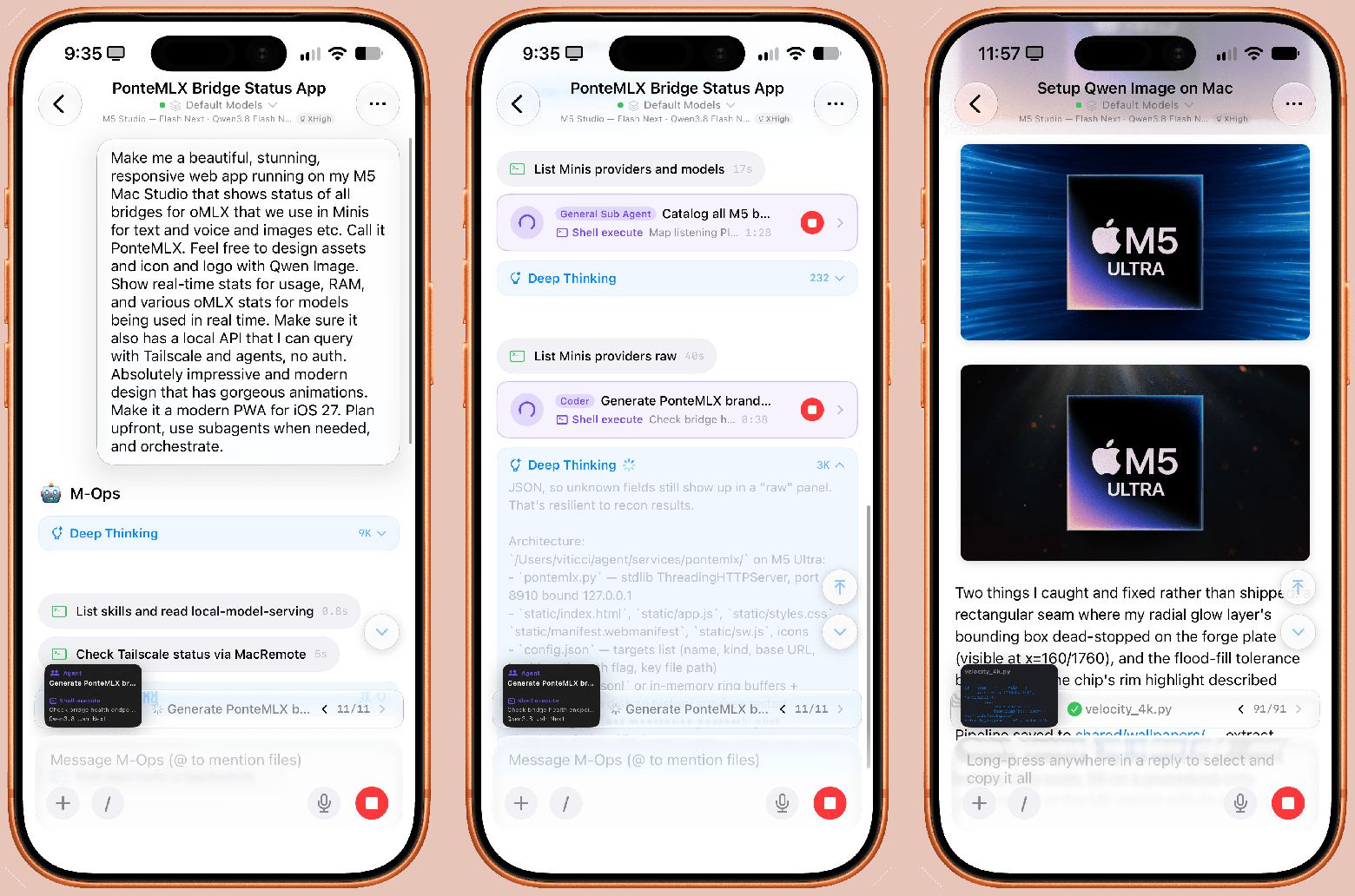 В Open Minis для iOS я использую локальную модель в качестве модели по умолчанию. На изображении выше: долгосрочный проект, субагенты и локальная генерация изображений, работающая на основе Qwen-Image-2.1, также запущенной на M5 Ultra.  